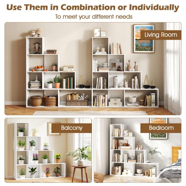 4-Tier Stepped Bookshelf Modern Ladder Bookcase with 6 Storage Cubes-White