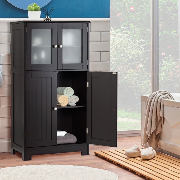 4-Door Bathroom Floor Cabinet with Glass Doors and Adjustable Shelf - TidySpaces