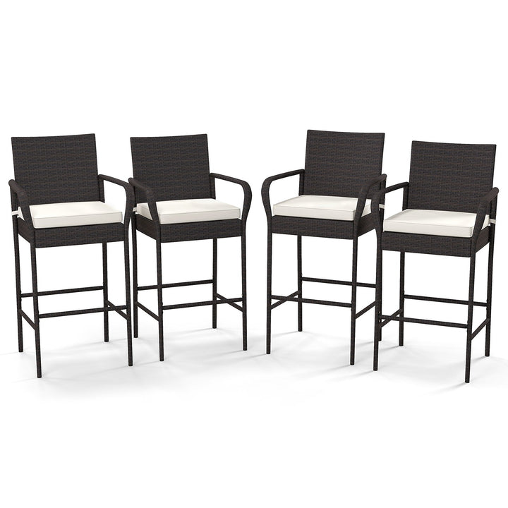 Set of 4 Patio Wicker Barstools PE Rattan with Armrests and Cushions-4 Pack