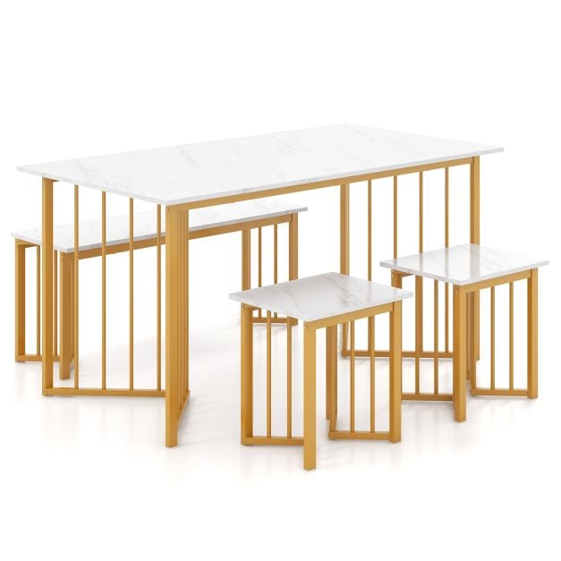 4 Pieces Modern Dinette Dining Table Set with Bench and 2 Stools-White & Golden