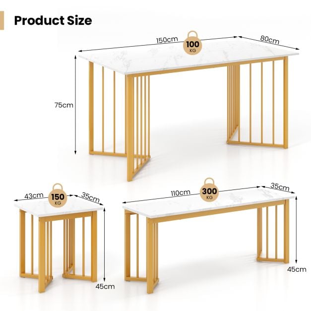 4 Pieces Modern Dinette Dining Table Set with Bench and 2 Stools-White & Golden