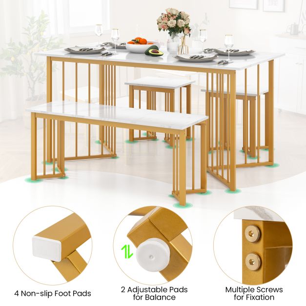 4 Pieces Modern Dinette Dining Table Set with Bench and 2 Stools-White & Golden