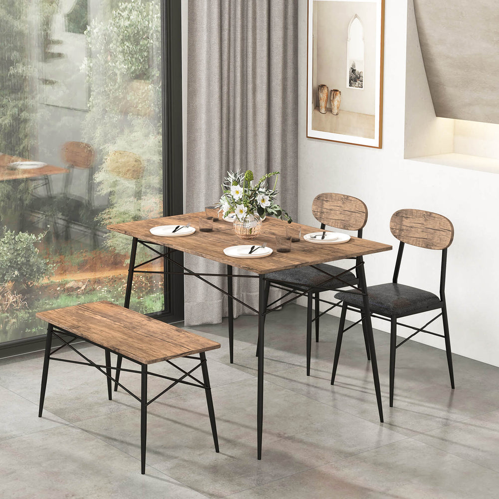 4 Piece Dining Table Set with Bench and Faux Leather Chairs Rustic Brown - TidySpaces