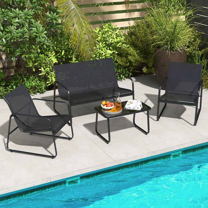 4 Pieces Patio Furniture Set with Tempered Glass Coffee Table-Black - TidySpaces