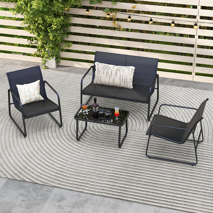 4 Pieces Patio Furniture Set with Tempered Glass Coffee Table-Black - TidySpaces