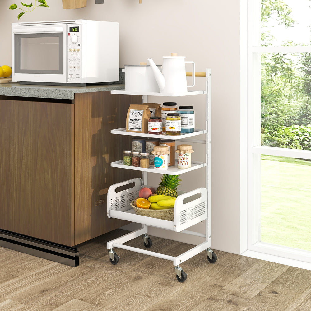 4 Tier Utility Rolling Cart with Adjustable Shelves-White - TidySpaces