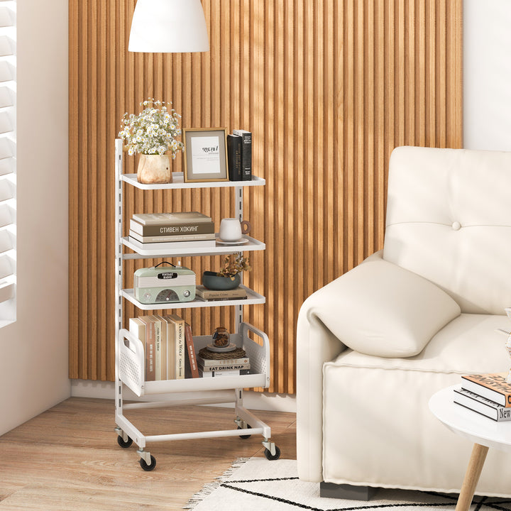4 Tier Utility Rolling Cart with Adjustable Shelves-White - TidySpaces
