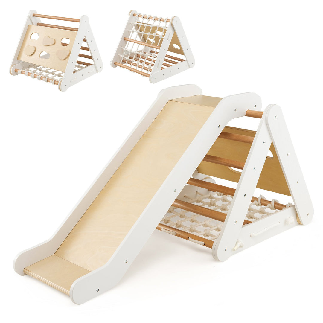 4 in 1 Toddler Wooden Triangle Climber with Ramp and Sliding Board White - TidySpaces