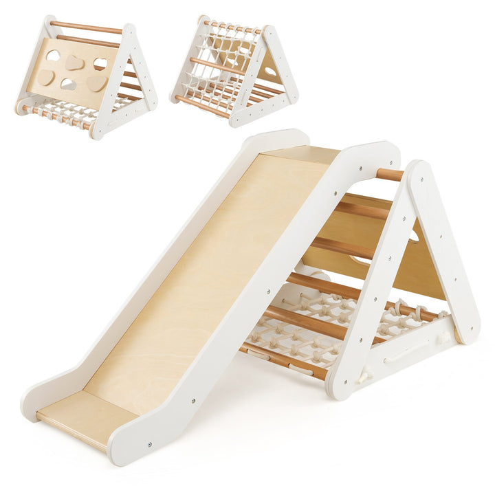 4 in 1 Toddler Wooden Triangle Climber with Ramp and Sliding Board White - TidySpaces
