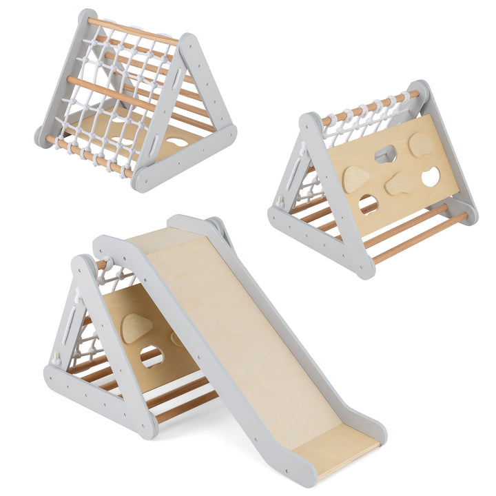 4 in 1 Toddler Wooden Triangle Climber with Ramp and Sliding Board Grey - TidySpaces