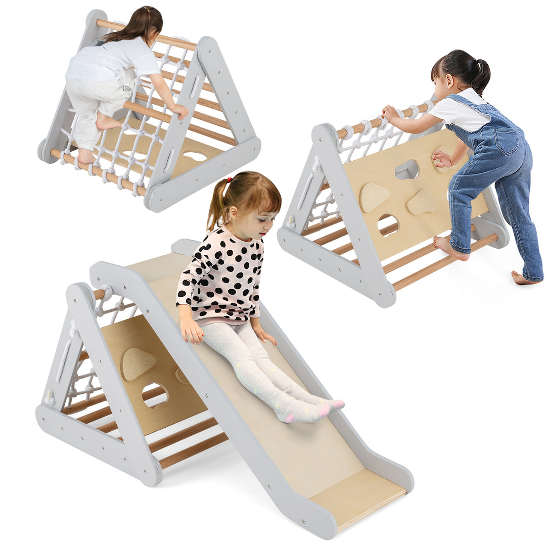 4 in 1 Toddler Wooden Triangle Climber with Ramp and Sliding Board - TidySpaces