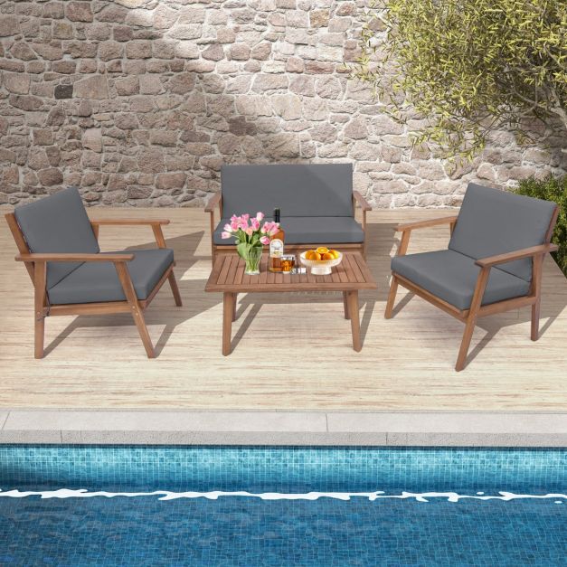 4 Piece Outdoor Conversation Set with Soft Seat and Back Cushions - TidySpaces