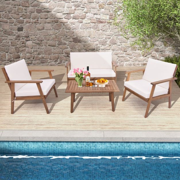 4 Piece Outdoor Conversation Set with Soft Seat and Back Cushions - TidySpaces