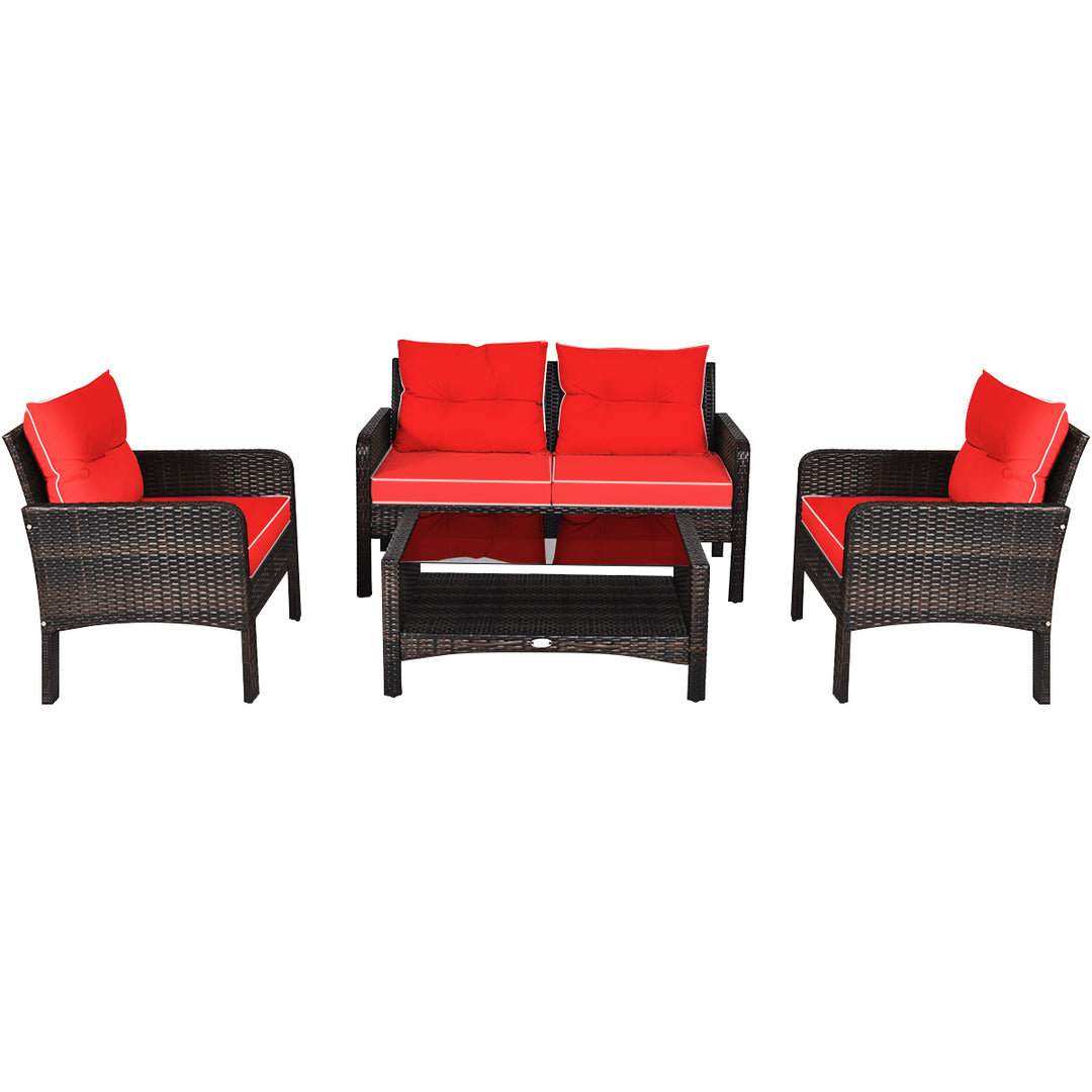 4 Pieces PE Rattan Patio Conversation Set Red - TidySpaces