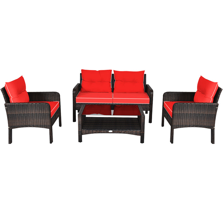 4 Pieces PE Rattan Patio Conversation Set Red - TidySpaces