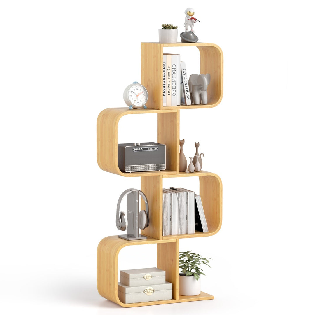 S-Shaped Bookcase Bamboo Bookshelf with 2 Open Cubes-4-Tier - TidySpaces