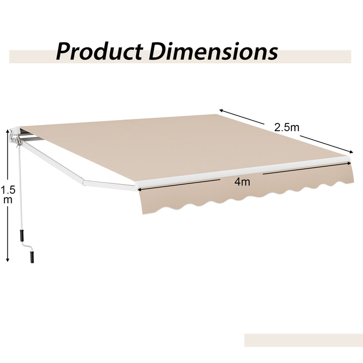 4 x 2.5 m Patio Retractable Awning with Manual Crank Handle-Beige - TidySpaces