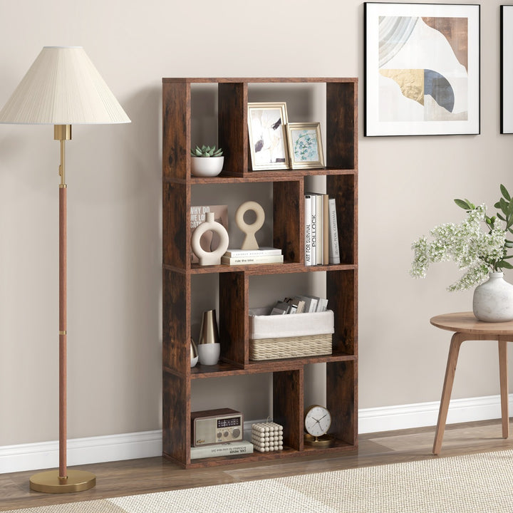 5 Tier Geometric Bookshelf with 8 Cubes Floor Standing Open Display