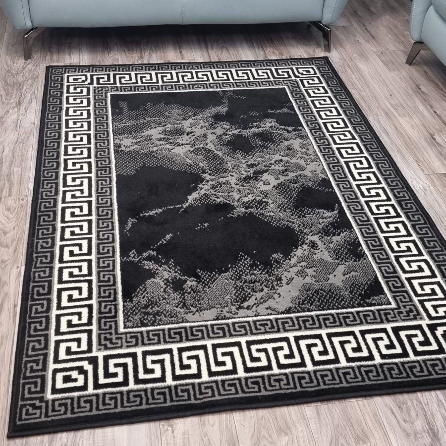 Black Border Marble Effect Rug Large Soft Oriental Carpet - TidySpaces