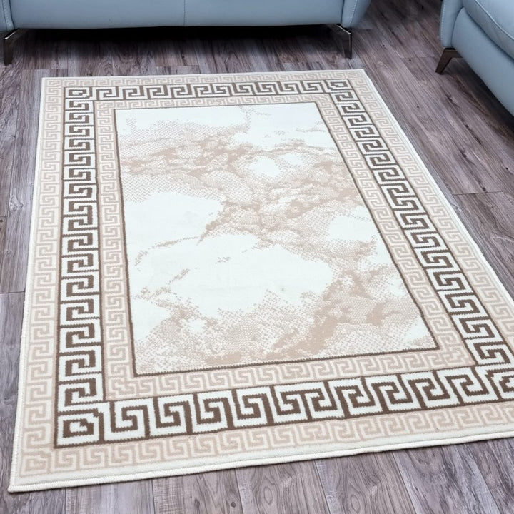 Cream Border Marble Effect Rug Large Soft Oriental Carpet