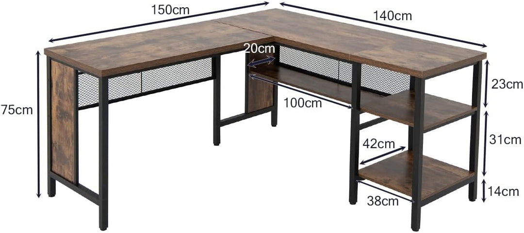 150 x 140 x 75cm Large Corner L Shaped Computer Desk with 3 Storage Shelves - TidySpaces