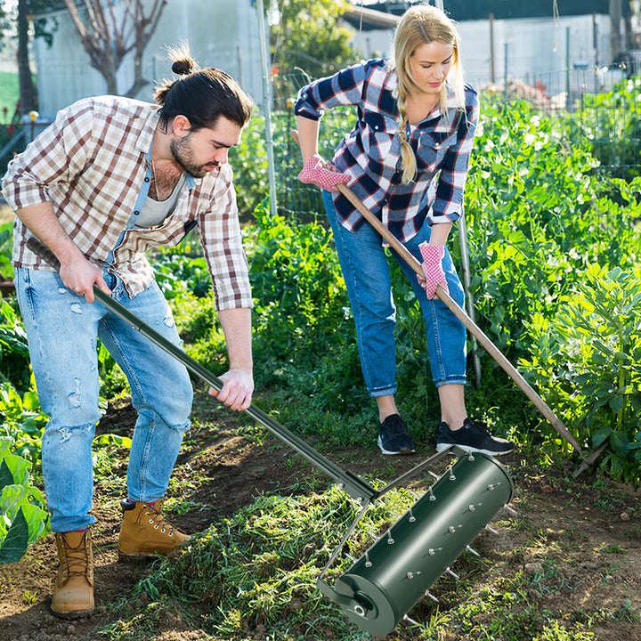 53cm Manual Lawn Aerator with 130cm Detachable Handle and Tine Spikes for Soil Loosening-Green