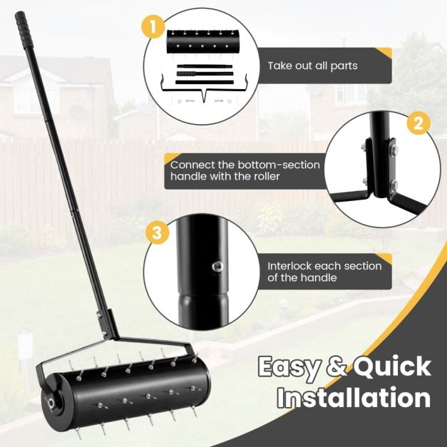 53cm Manual Lawn Aerator with 130cm Detachable Handle and Tine Spikes for Soil Loosening-Black