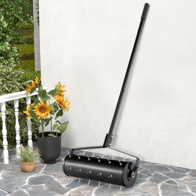 53cm Manual Lawn Aerator with 130cm Detachable Handle and Tine Spikes for Soil Loosening-Black