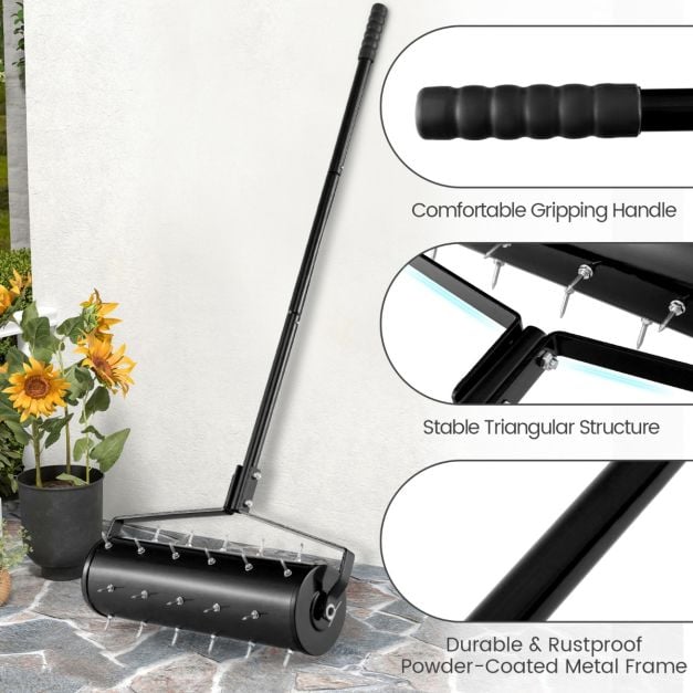 53cm Manual Lawn Aerator with 130cm Detachable Handle and Tine Spikes for Soil Loosening-Black