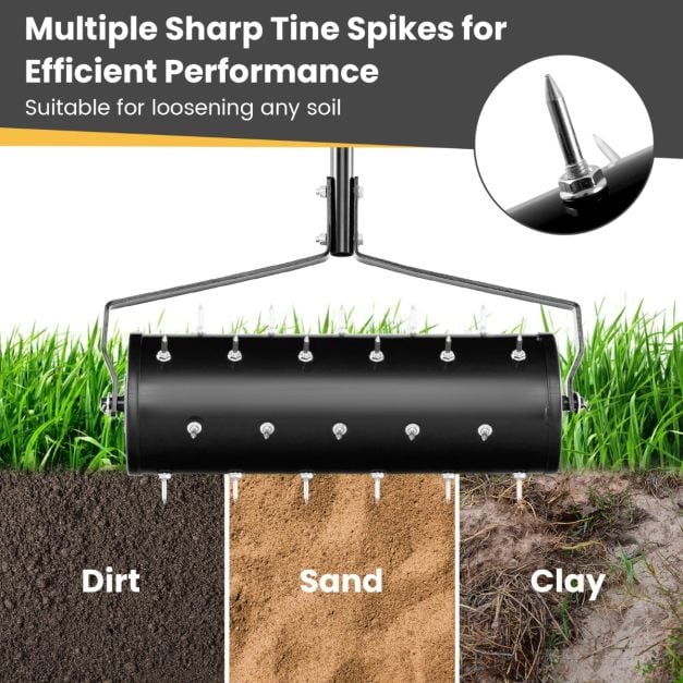 53cm Manual Lawn Aerator with 130cm Detachable Handle and Tine Spikes for Soil Loosening-Black