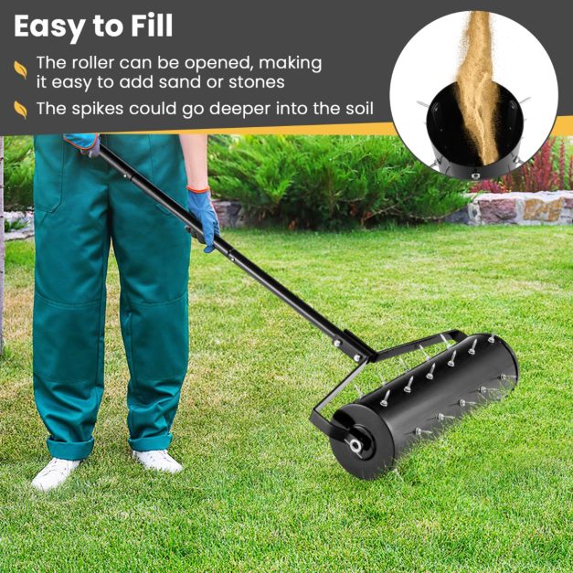 53cm Manual Lawn Aerator with 130cm Detachable Handle and Tine Spikes for Soil Loosening-Black