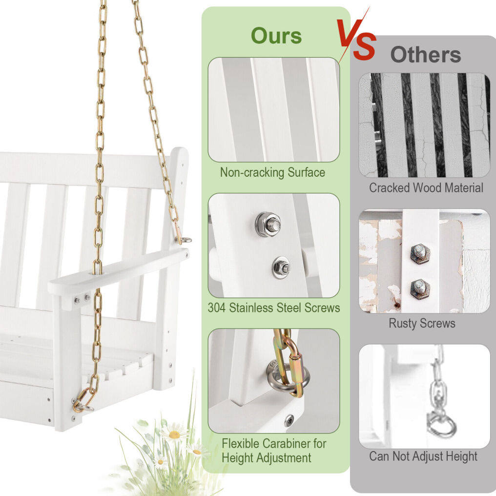 HDPE Porch Swing with Hidden Cup Holder and Adjustable Secure Chains-White