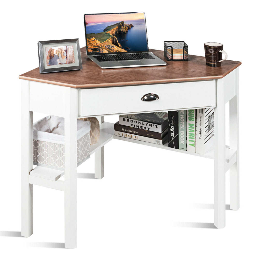 Corner Table / Computer Desk with Drawer and Shelves - TidySpaces