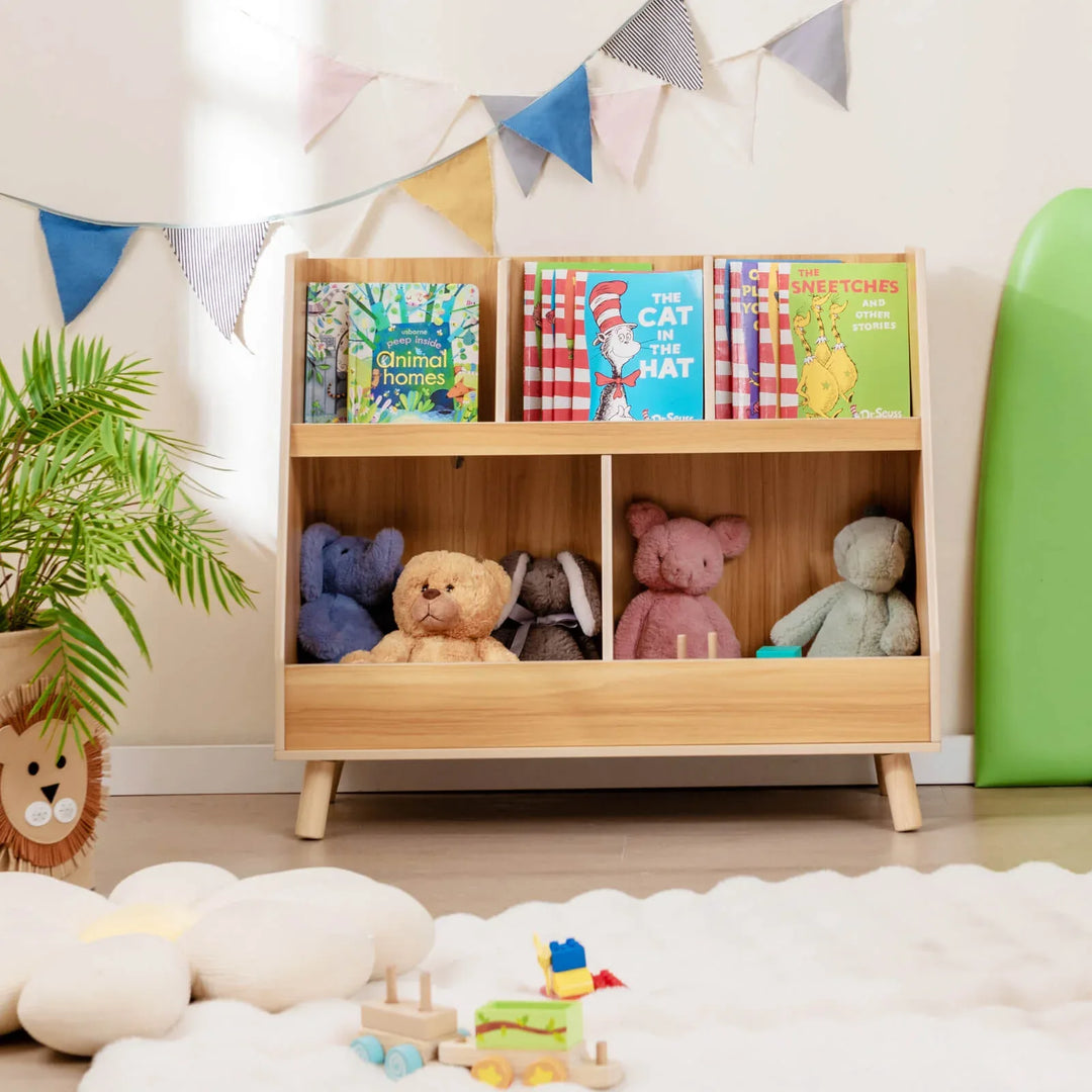 5-Cube Kids Bookshelf and Toy Organizer with Solid Wood Legs and Anti-Tipping Kits - TidySpaces