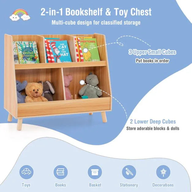 5-Cube Kids Bookshelf and Toy Organizer with Solid Wood Legs and Anti-Tipping Kits - TidySpaces
