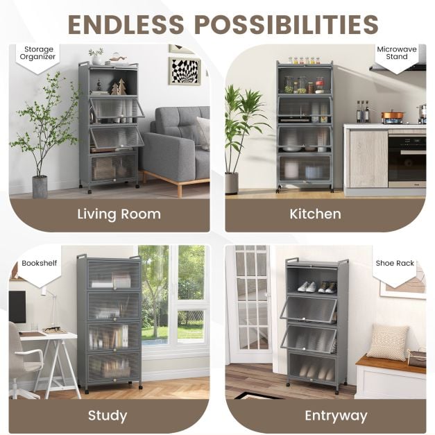 5 Tier Kitchen Bakers Rack Mobile Microwave Stand with Flip up Doors