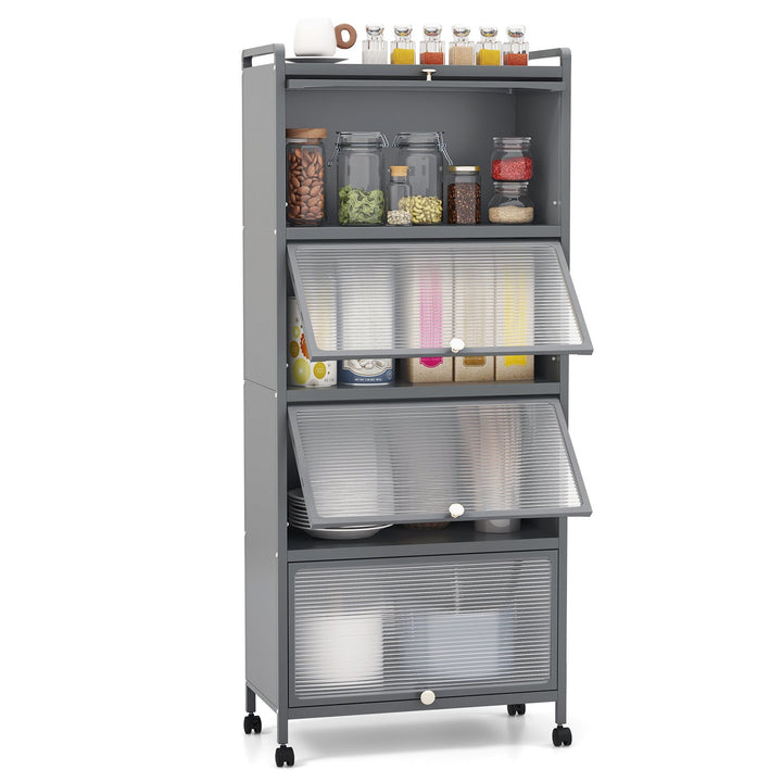 5 Tier Kitchen Bakers Rack Mobile Microwave Stand with Flip up Doors Grey - TidySpaces