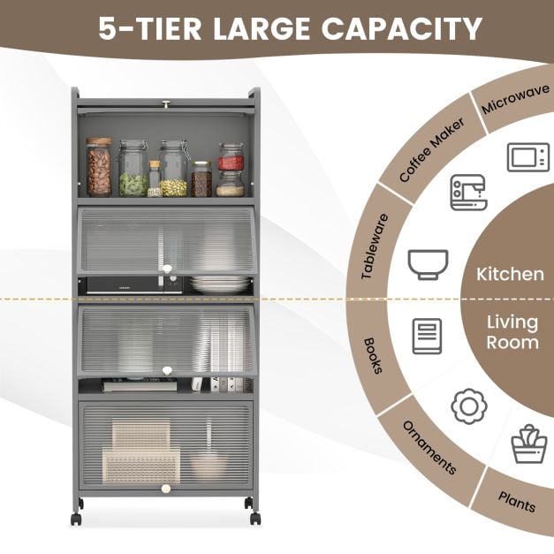 5 Tier Kitchen Bakers Rack Mobile Microwave Stand with Flip up Doors