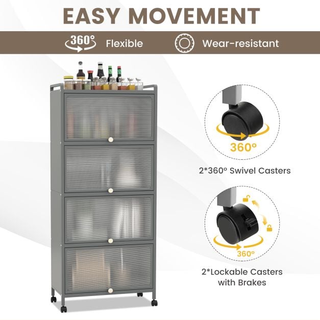 5 Tier Kitchen Bakers Rack Mobile Microwave Stand with Flip up Doors