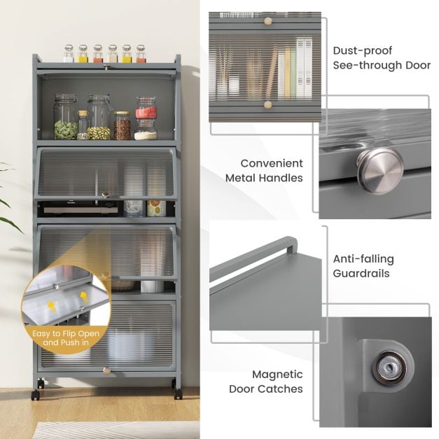 5 Tier Kitchen Bakers Rack Mobile Microwave Stand with Flip up Doors
