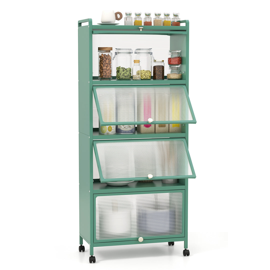 5 Tier Kitchen Bakers Rack Mobile Microwave Stand with Flip up Doors Green - TidySpaces
