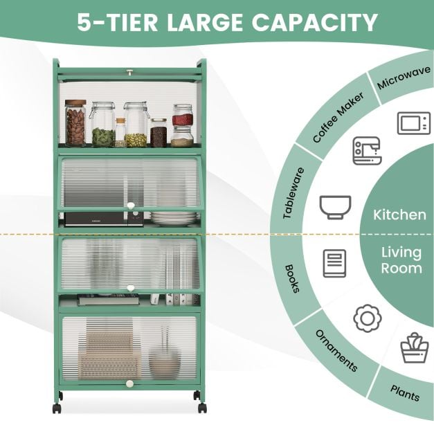 5 Tier Kitchen Bakers Rack Mobile Microwave Stand with Flip up Doors