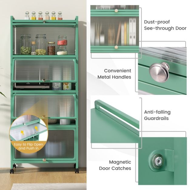 5 Tier Kitchen Bakers Rack Mobile Microwave Stand with Flip up Doors