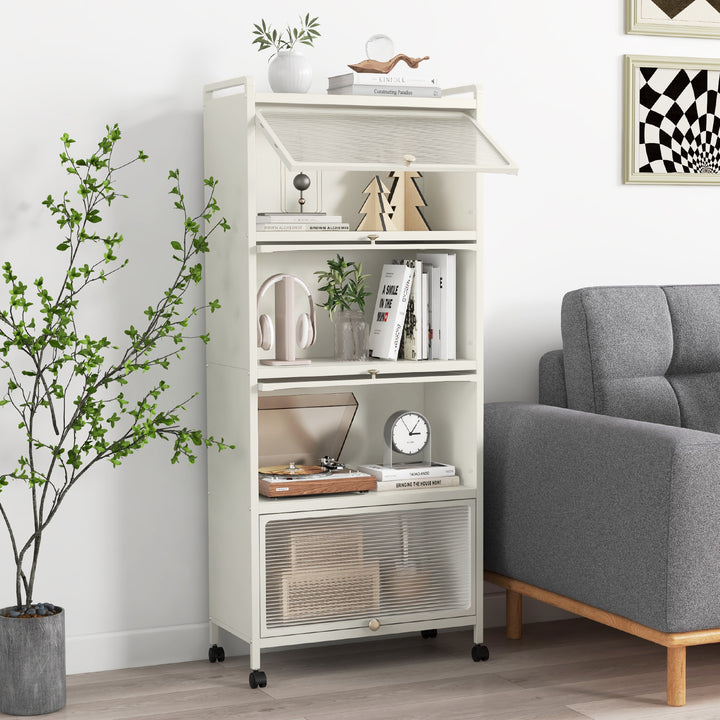 5 Tier Kitchen Bakers Rack Mobile Microwave Stand with Flip up Doors - TidySpaces