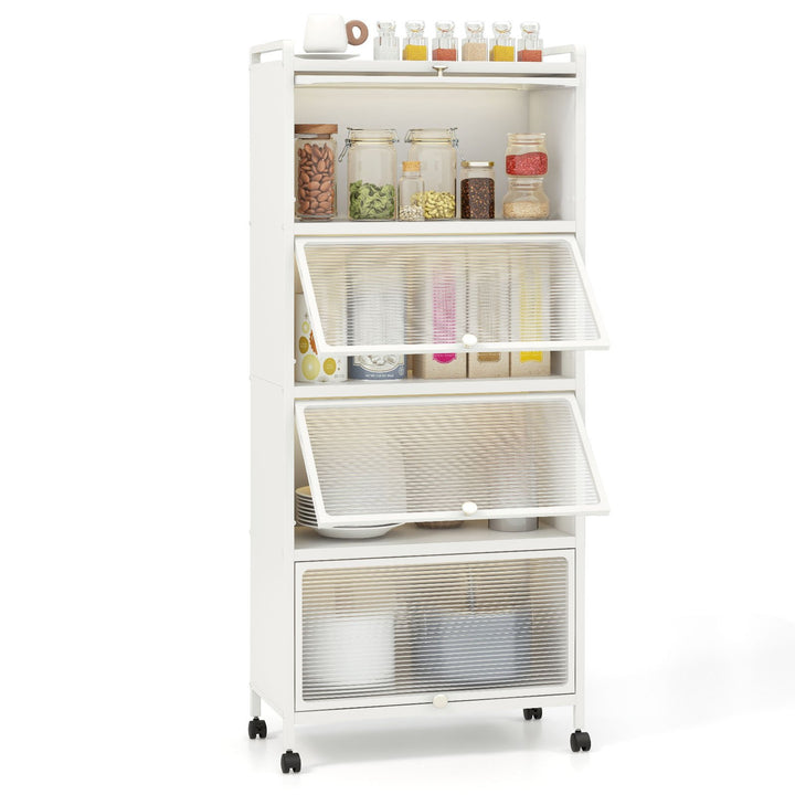 5 Tier Kitchen Bakers Rack Mobile Microwave Stand with Flip up Doors White - TidySpaces