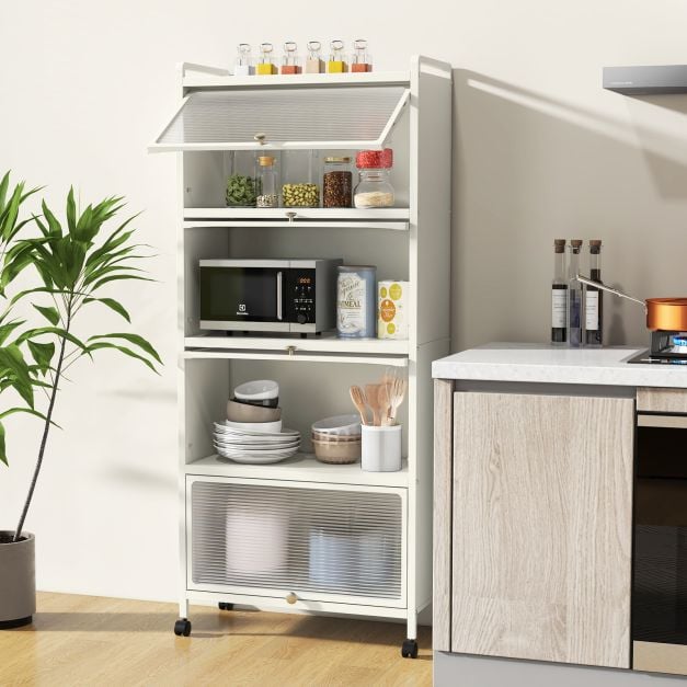 5 Tier Kitchen Bakers Rack Mobile Microwave Stand with Flip up Doors