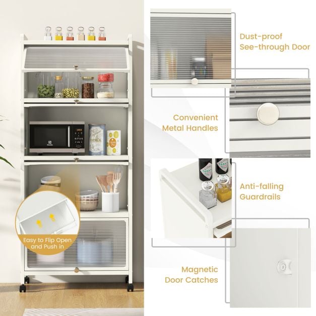 5 Tier Kitchen Bakers Rack Mobile Microwave Stand with Flip up Doors