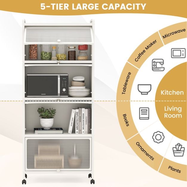 5 Tier Kitchen Bakers Rack Mobile Microwave Stand with Flip up Doors