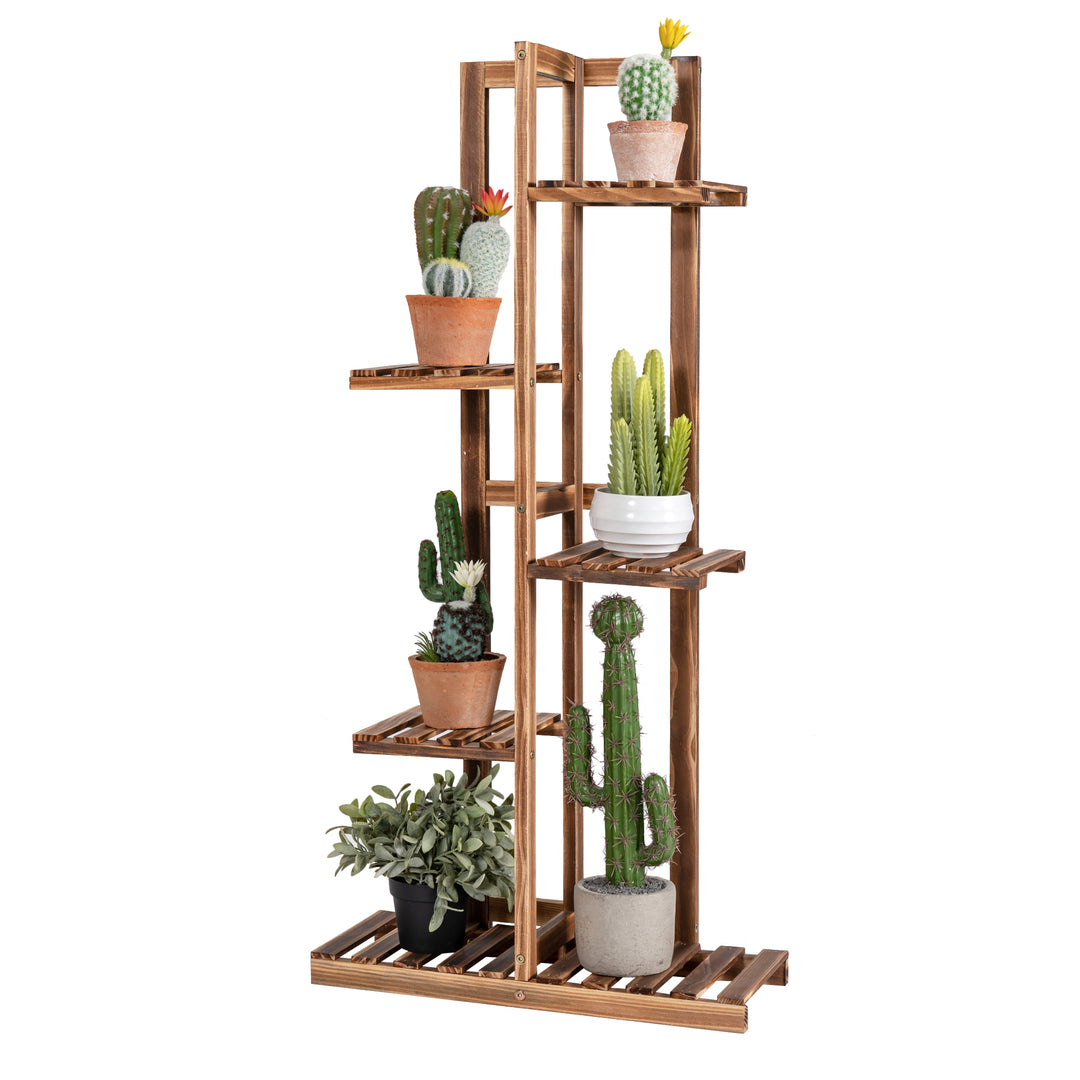 5-Tier Wood 6 Pots Plant Stand Free-standing Display Shelf