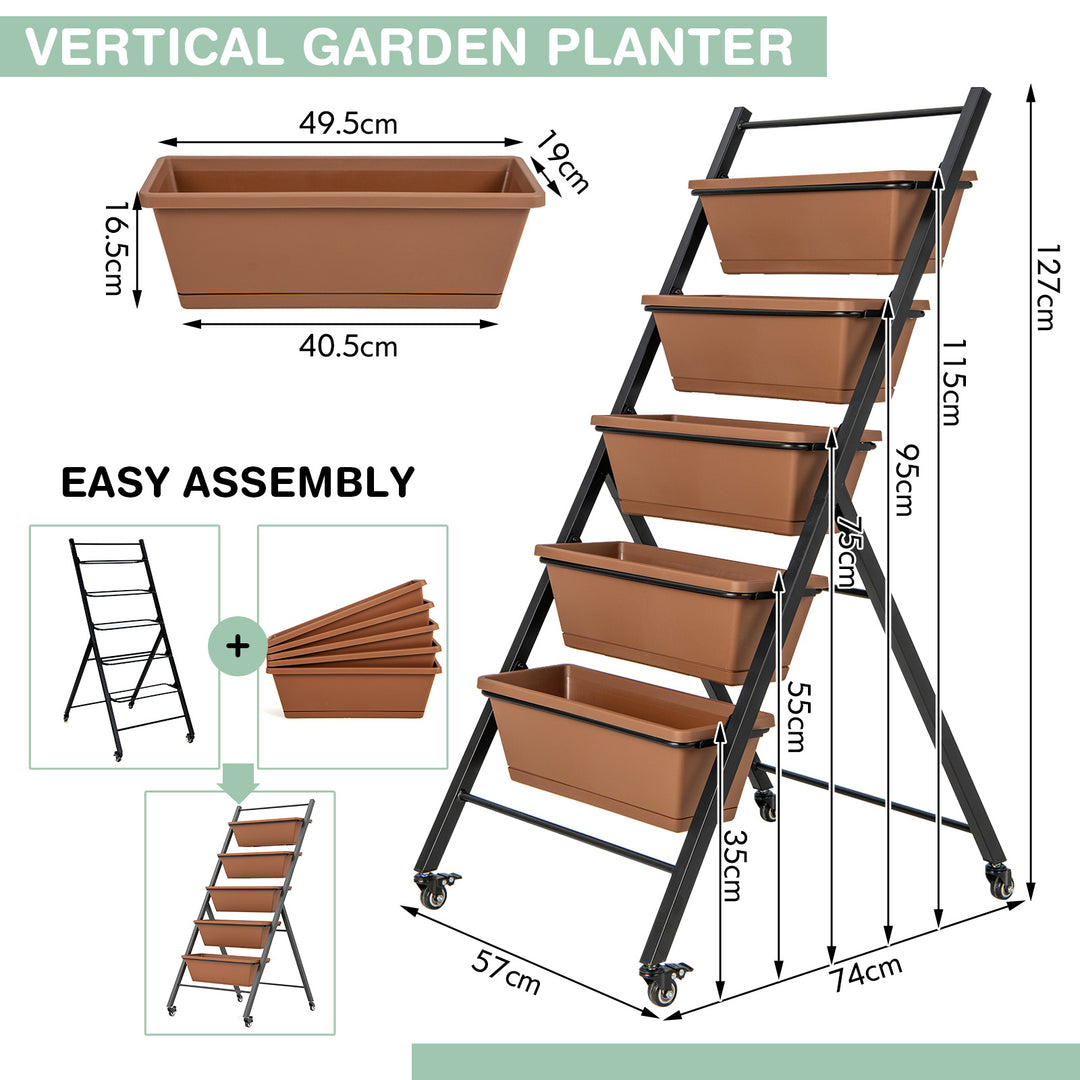 5-Layer Vertical Raised Garden Bed with Wheels and Drainage Holes-Brown
